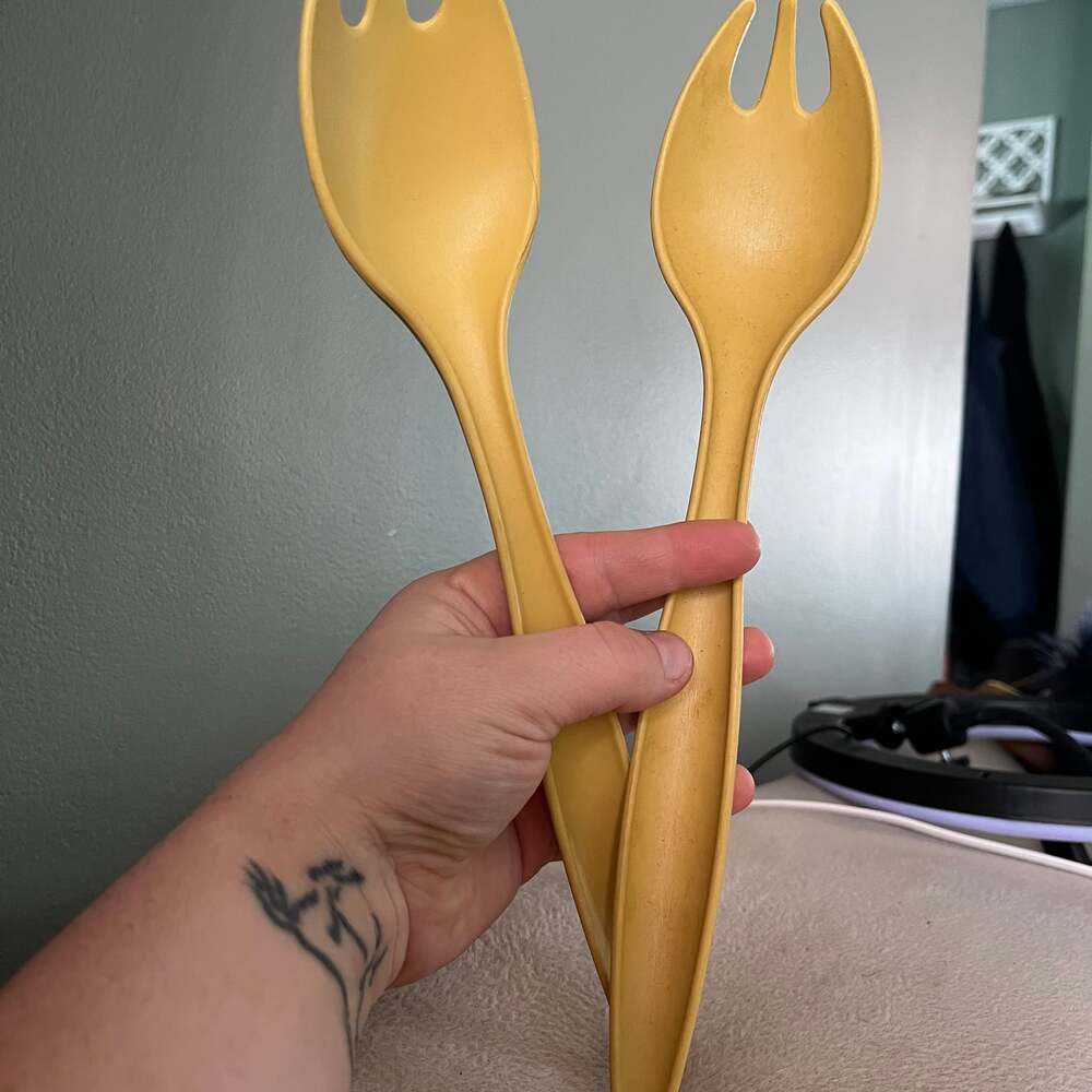 Vintage Tupperware 12 Inch Salad Serving Sporks Harvest Gold Set of 2